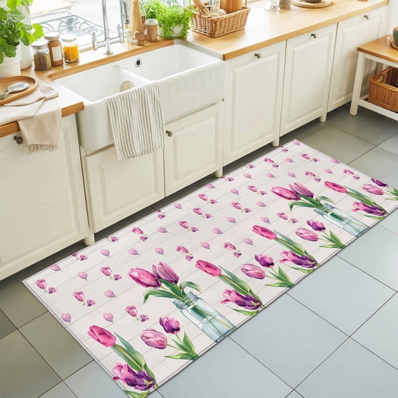 Country Pink Tulips Glass Vase Rectangle Area Rug 2x6ft,Living Room Rug Non-Slip Washable Circle Rugs Pad,Pastoral Petals Wood Plank Soft Floor Carpet for Bedroom Dining Room