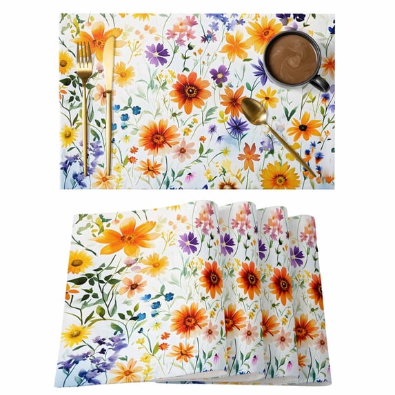 Country Placemats Set of 8, Watercolor Pastoral Yellow Wild Flowers Non-Slip Place Mats Washable Table Mats for Kitchen Dining Table Decorations Indoor/Outdoor