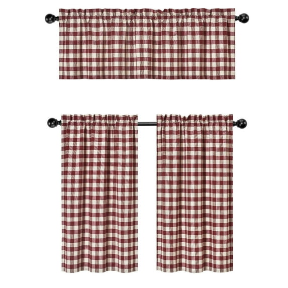 Country Plaid Gingham Checkered Farmhouse 3 Pc Cafe Kitchen Curtain Tier & Valance Set - Assorted Colors