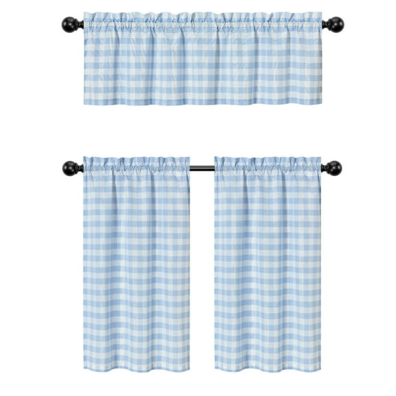 Country Plaid Gingham Checkered Farmhouse 3 Pc Cafe Kitchen Curtain Tier & Valance Set - Baby Blue