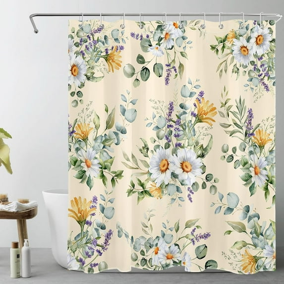 Country Plant Flower Shower Curtain for Bathroom,Daisy Lavender with Sage Green Leaves on Beige Fabric Shower Curtain with Hooks,Watercolor Botanical Bathroom Curtain Shower Set, 60x72 inches