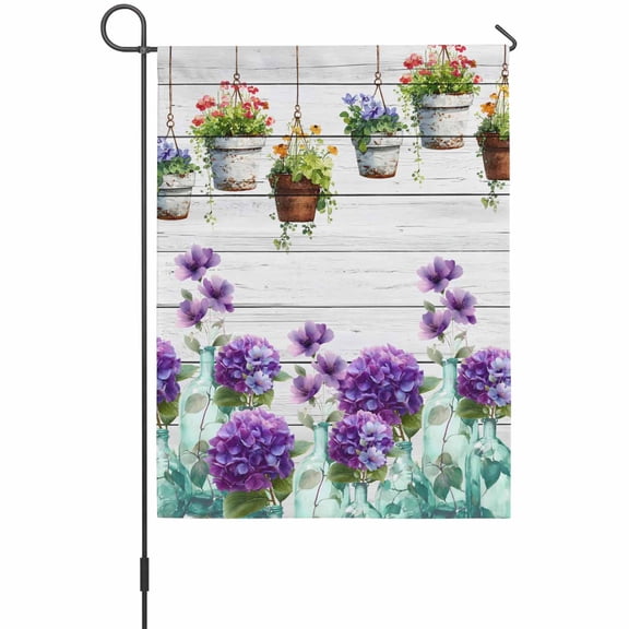 Country Plant Garden Flags For Outdoor, Purple Hydrangea Bouquet Leaf Pots Wood Grain Small Double Side Yard Flags Weather Proof Garden Decor for Lawn Outside Holiday 12 x 18 Inches