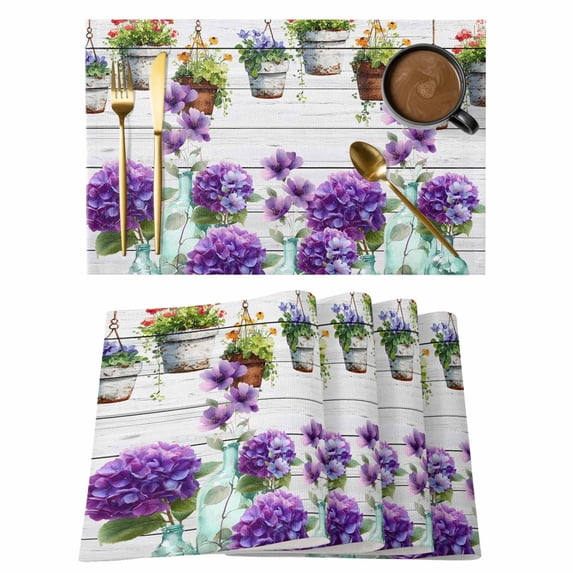 Country Plant Placemats Set of 6, Purple Hydrangea Bouquet Leaf Pots Wood Grain Non-Slip Place Mats Washable Table Mats for Kitchen Dining Table Decorations Indoor/Outdoor