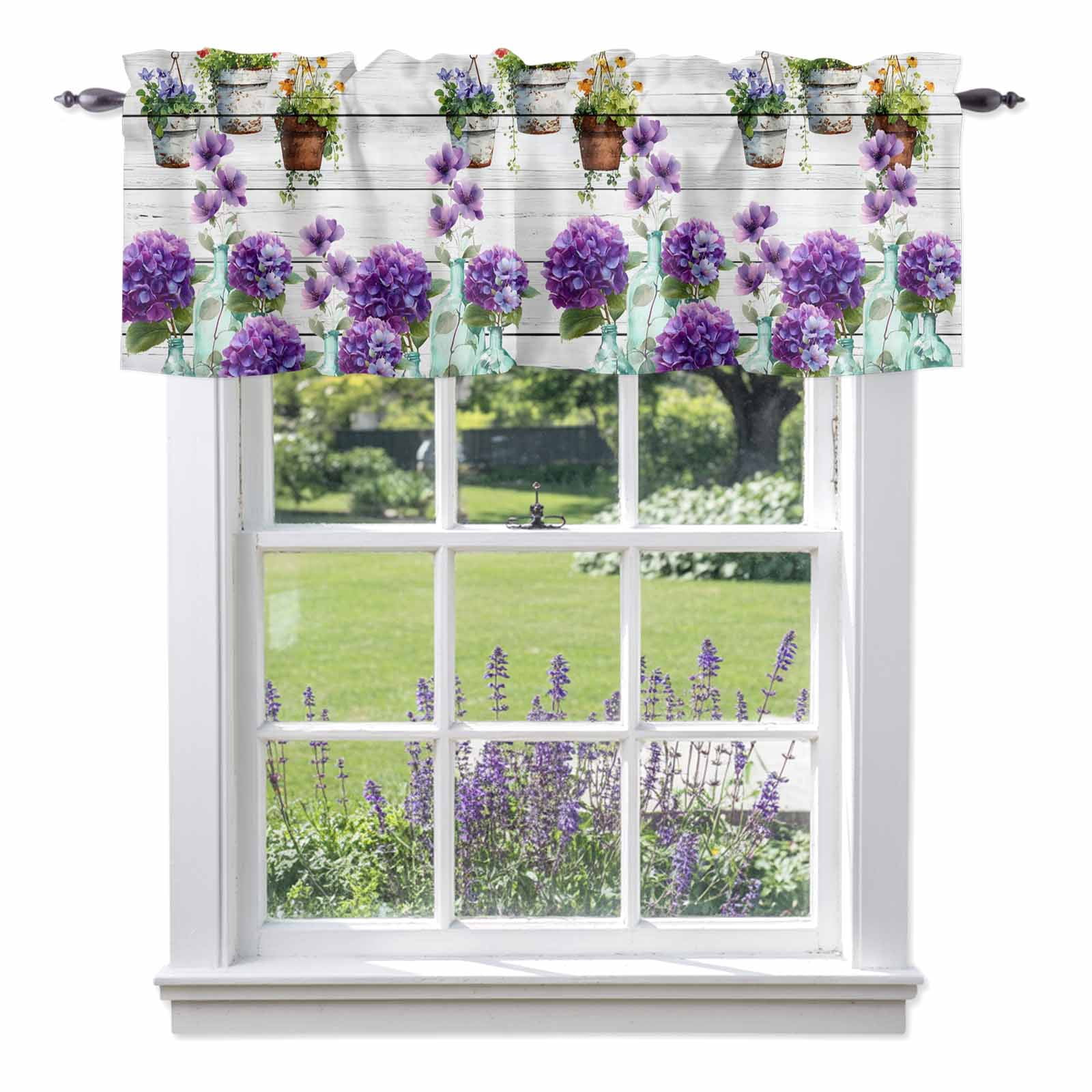 Hydrangea Windows Country Plant Valances for Windows Purple Hydrangea Bouquet Leaf Pots ...