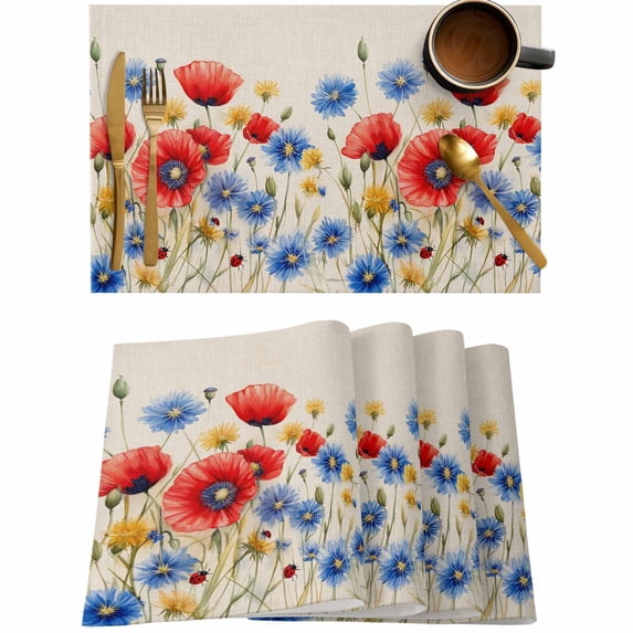 Country Poppy Flower Watercolor Placemats Set of 4,Wipeable Washable Table Mats for Dining Tables,Farm Plant Retro Linen Place Mats for Kitchen Event Party Tabletop Decor