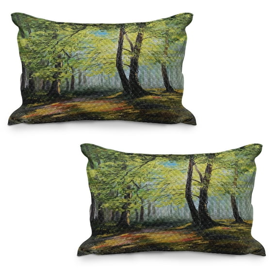 Country Quilted Pillowcover Set of 2, Painting Landscape of aest Dark Deep with Fresh Colors in Autumn Nature Image, Standard Queen Size Pillow Cover Bedroom, 30" x 20", Multicolor, by Ambesonne