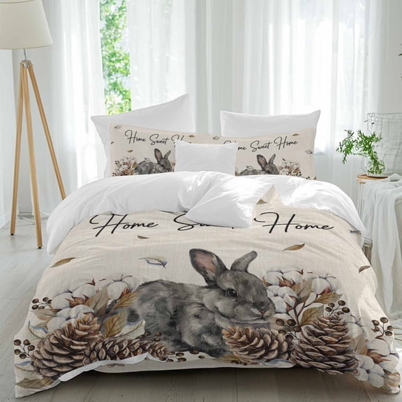 Country Rabbit Sweet Home Text Queen Size Bed Set,Farm Pinecone Berry Retro Linen Bedding for All Seasons,4 Pcs Bed Set,1 Quiltcover(90"x92"),1 Sheet(94"x116"),2 Pillowcases(30"x20")