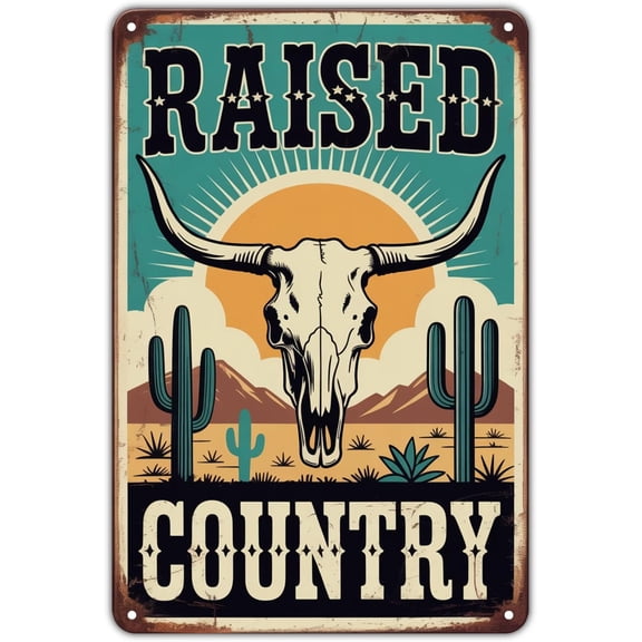 Country Raised Bull Skull tin sign Vintage Western Metal Sign Print Aesthetic for Garden Yard Bar Porch Home Bedroom Kitchen Wall Decor Decor Gift 8 x 12 inch