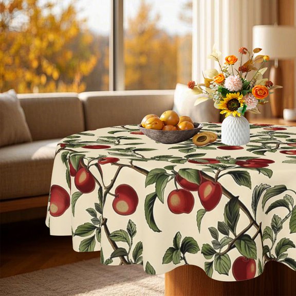 Country Red Apple Foliage Print Round Tablecloth, Cottage Rustic Patio Dining Table Decor, Thanksgiving Christmas Gift