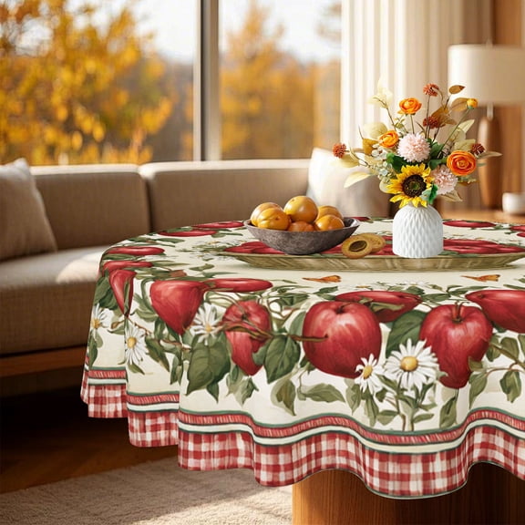 Country Red Apple Plaid Border Print Round Tablecloth, Patio Cafe Holiday Dining Table Cover, Thanksgiving Christmas Gift