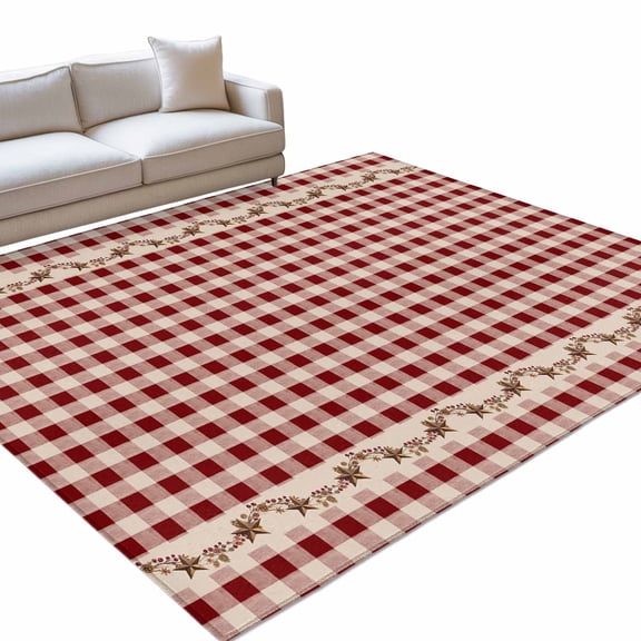 Country Red Buffalo Plaid 6x9ft Non Slip Area Rug Retro Star Berries Vine Linen Texture Washable Soft Area Rugs for Living Room, Indoor Circle Carpet for Bedroom Dining Room Kitchen