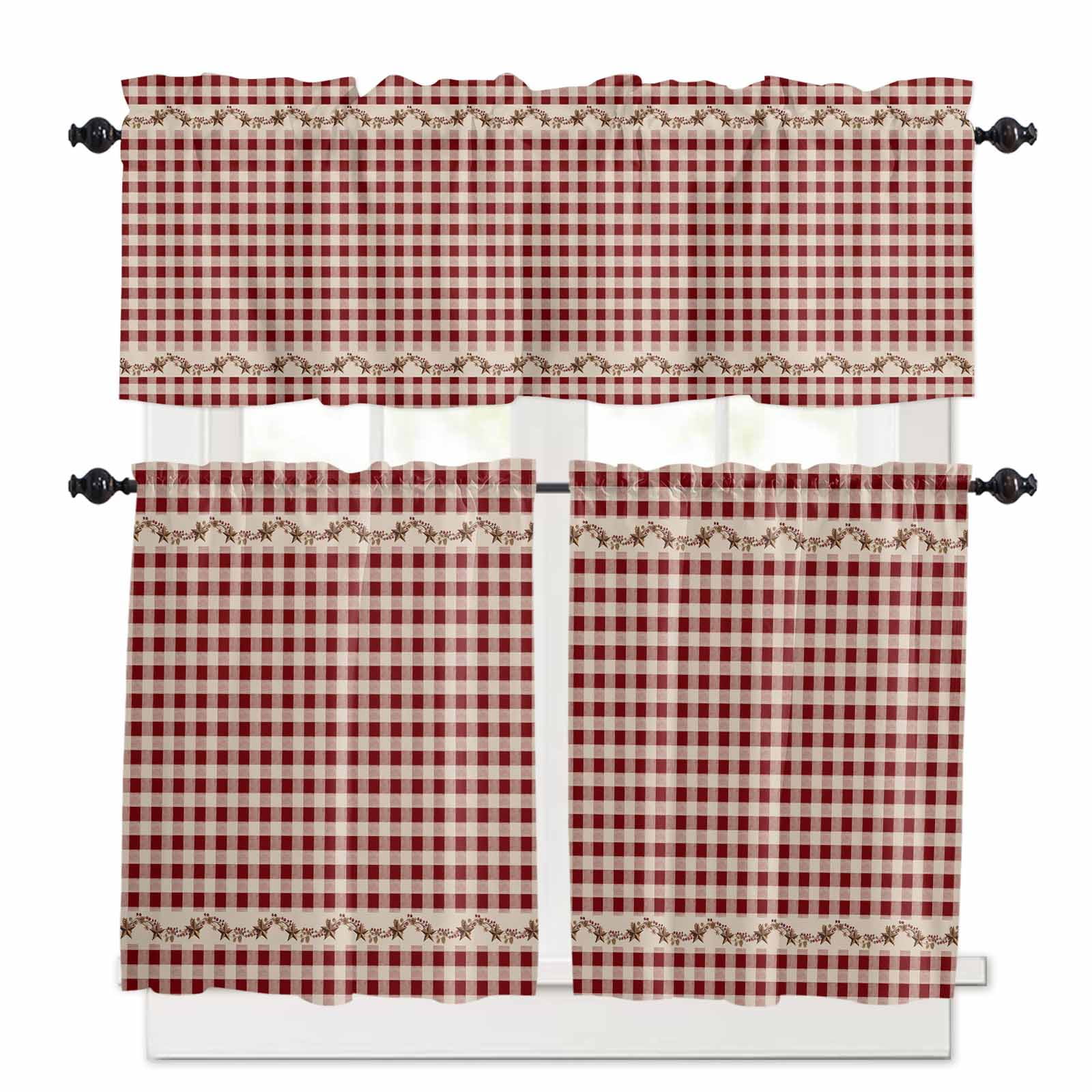 Country Red Buffalo Plaid Kitchen Curtains Valance and Tier Set Retro Star Berries Vine Linen Texture Short Curtains for Small Window 3 Pieces Set for Bedroom Bathroom Cafe (54" x 18"+27" x 36")