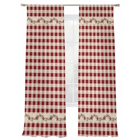 Country Red Buffalo Plaid Sheer Curtains 2 Panels Set Retro Star Berries Vine Linen Texture Sheer Window Curtains Light Filtering Rod Pocket Voile Drapes for Bedroom Living Room 52"X84"