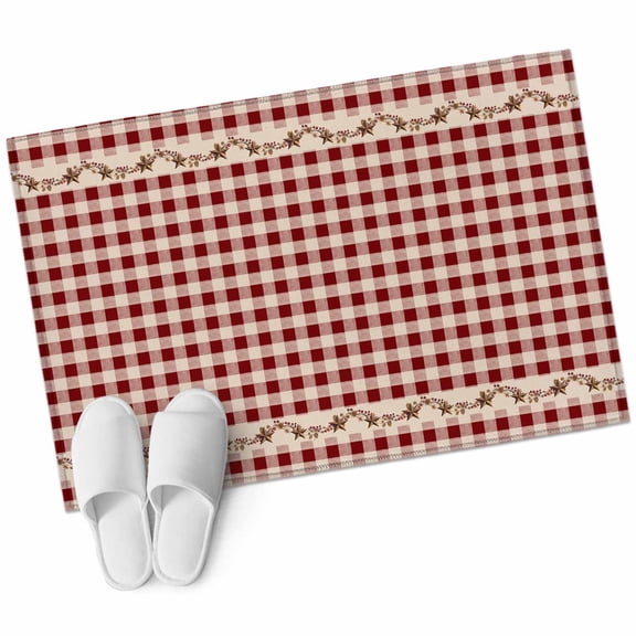 Country Red Buffalo Plaid Washable Area Rug 2 x 3 ft Retro Star Berries Vine Linen Texture, Soft Non Slip Rugs Stain Repellent Indoor Felt Carpet for Living Dining Room Bedroom Home Office