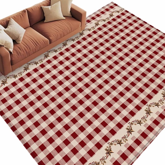 Country Red Buffalo Plaid Washable Area Rug 5 x 7 ft Retro Star Berries Vine Linen Texture, Soft Non Slip Rugs Stain Repellent Indoor Felt Carpet for Living Dining Room Bedroom Home Office