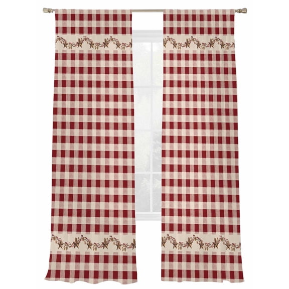Country Red Buffalo Plaid Window Sheer Curtain Retro Star Berries Vine Linen Texture Semi Curtain Sheers Light Filtering Rod Pocket Voile Drapes for Bedroom Kitchen Living Room 52 X 96 Inch, 2 Panels