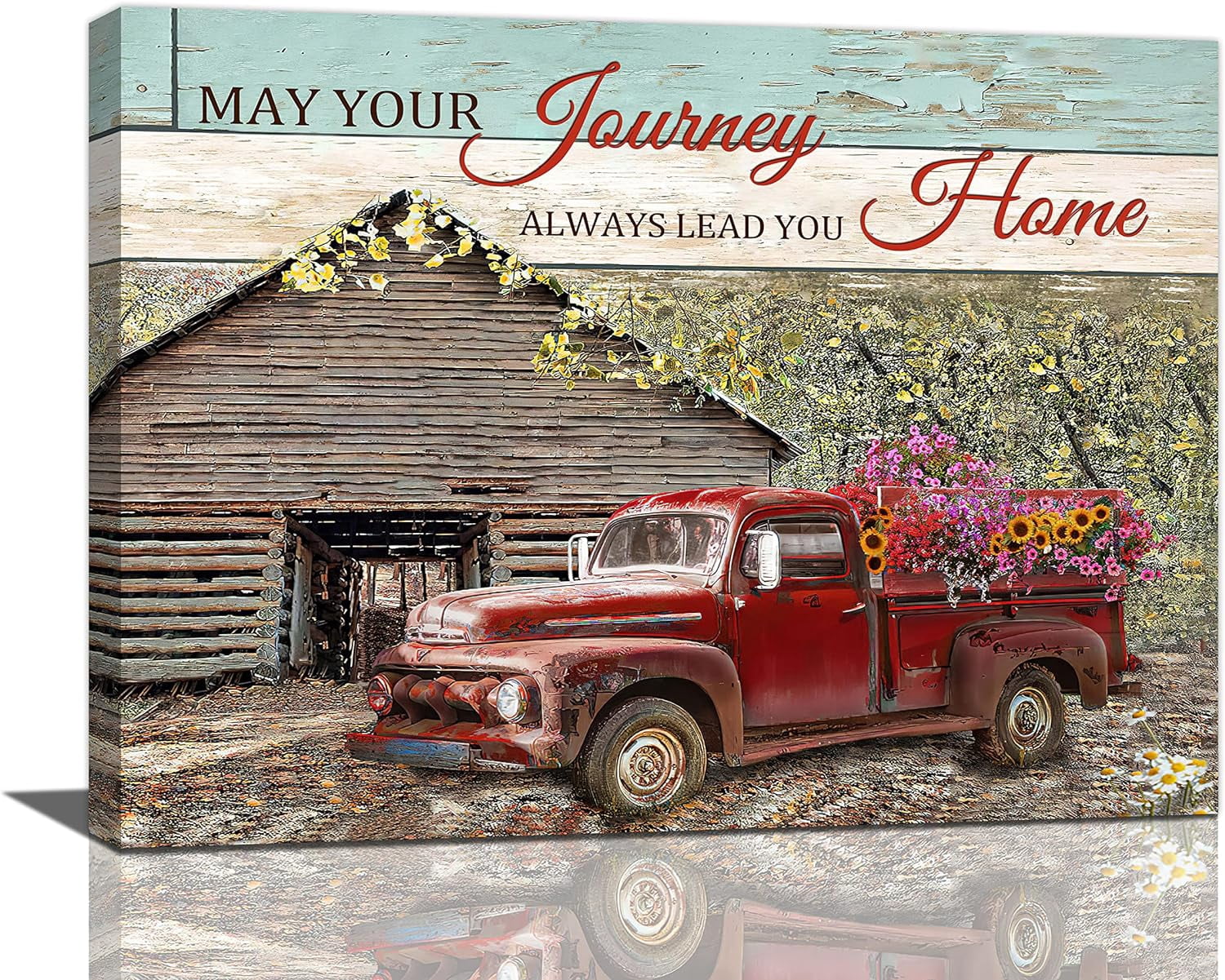 Country Red Truck Wall Art Old Barn Spring Flowers Wall Decor Rustic ...