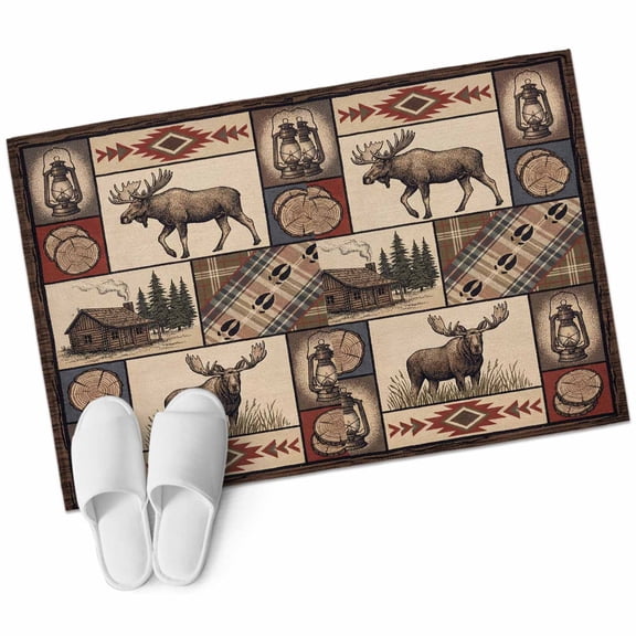 Country Reindeer Bathroom Rug Washable 2x3 Entryway Rug Non Slip Tribal Ethnic Aztec Plaid Farm Cabin Front Door Mat Low Pile Indoor Doormat Throw Floor Carpet for Kitchen Bedroom Entrance