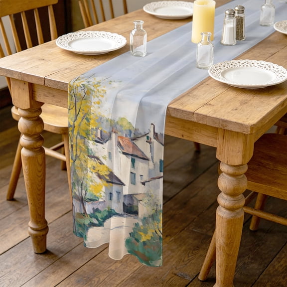 Country Road 4.5ft Cheesecloth Table Runner for Wedding 19"x55", Cypress Trees Rustic Pastoral Rural Kitchen Dinner Sheer Tulle Chiffon Dresser Scarf, Holiday Party Decorations