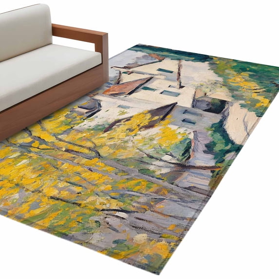 Country Road Area Rug 3x5 Washable Rug Non Slip Abstract Art Oil Painting Pastoral Villas Large Area Rug Indoor Floor Carpet for Entryway Bedroom Kitchen Living Room Home Office Dining Room Nursery