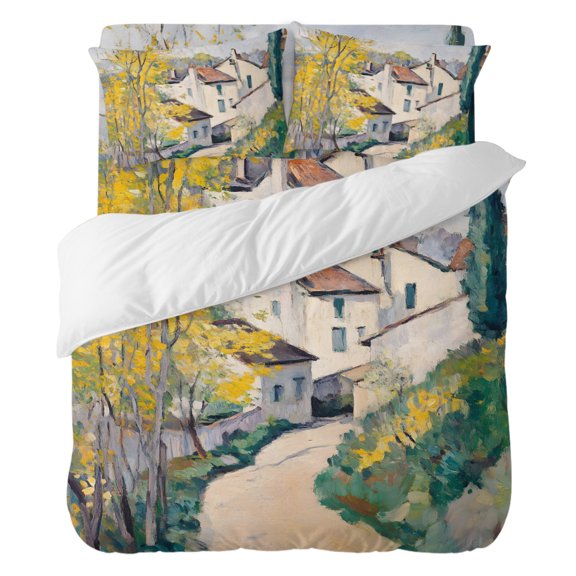 Country Road Bedding Duvet Cover Set Twin Size 4 Pieces, Cypress Trees Rustic Pastoral Rural Bedding Set with Zipper Closure, 1 Comforter Cover 68x90 Inches 1 Flat Sheet & 2 Pillow Cases