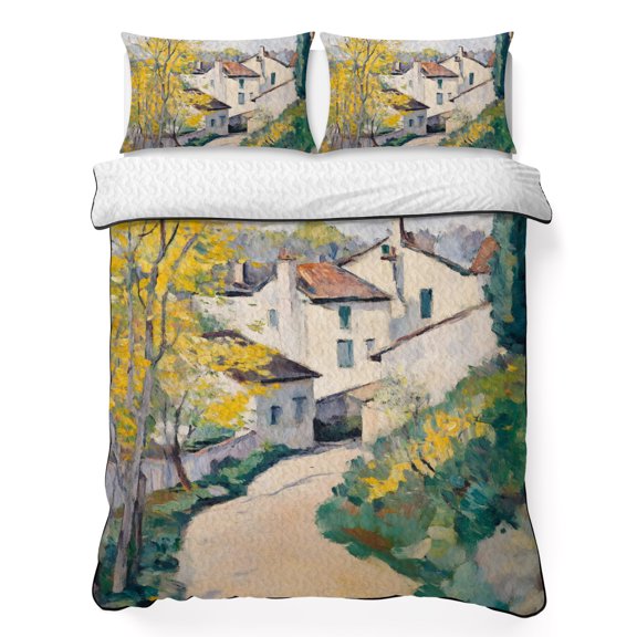 Country Road King Quilt Bedding Set, Cypress Trees Rustic Pastoral Rural Lightweight Comforter with 2 Pillow Shams Bedroom Bedspread Set Home Decor for All Seasons