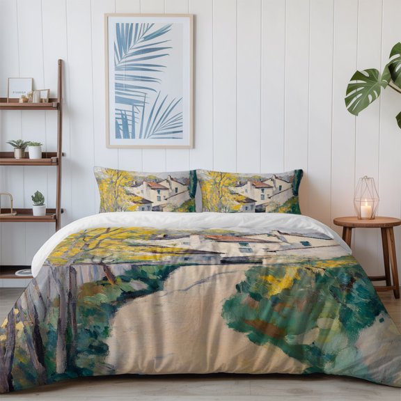 Country Road Mediterranean Villas California King Size Bed Set,Cypress Trees Bedding for All Seasons,4 Pcs Bed Set with 1 Quiltcover (96"x104"),1 Sheet (110"x98"),2 Pillowcases (20"x36")