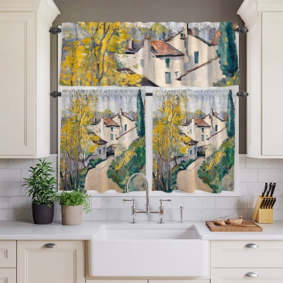 Country Road Mediterranean Villas Curtain Tier and Valance Set 3 Piece,Cypress Trees 3-inch Rod Pocket Window Tier Curtains Valance for Kitchen Living Room