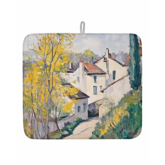 Country Road Mediterranean Villas Dish Drying Mats for Kitchen Counter,Absorbent Microfiber Dish Drainer Rack Mat Cypress Trees Drying Pad for Sinks,Utensils,Countertops,16x18in