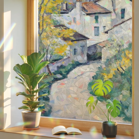 Country Road Mediterranean Villas Window Privacy Film, Rainbow Film Decorative Window Sticker 17.7x39.3in, Cypress Trees Sun Blocking Static Stained Glass Cling Tint Non-Adhesive