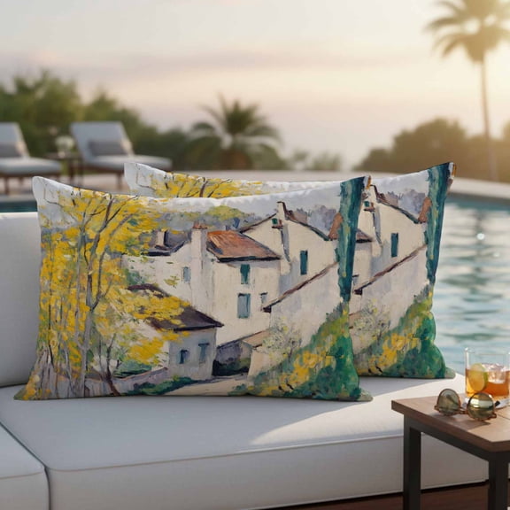 Country Road Outdoor Waterproof Throw Pillow Covers Set of 2, 20"x12", Cypress Trees Rustic Pastoral Rural Decorative Pillow Covers Outside Cushion Case for Patio Porch Garden