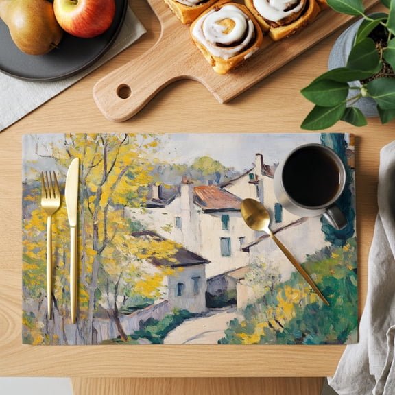 Country Road Placemats Set of 2, Cypress Trees Rustic Pastoral Rural Heat Insulated Linen Place Mats, Washable Stain-Proof Table Mats for Dining Tables Holiday Decor 13x19 Inches