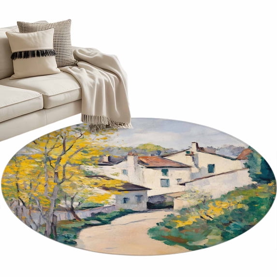 Country Road Round Rug 4ft Washable Circle Entryway Rugs Non Slip Abstract Art Oil Painting Pastoral Villas Area Rug Indoor Floor Carpet for Bedroom Kitchen Living Room Office Dining Room Nursery