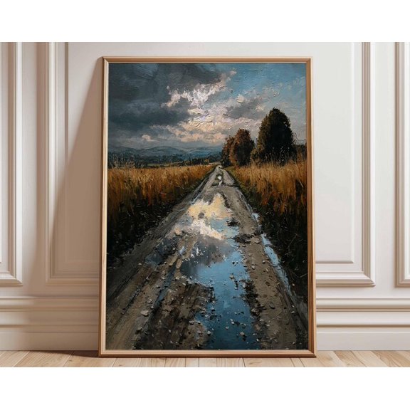 Country Road Rustic Landscape Nature Pathway Reflections Wall Art Print, Unframed Paper Poster 24x36in