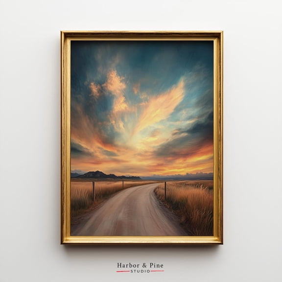 Country Road Sunset Print Rural Landscape Golden Hour Art, Stretched Canvas 8x10in