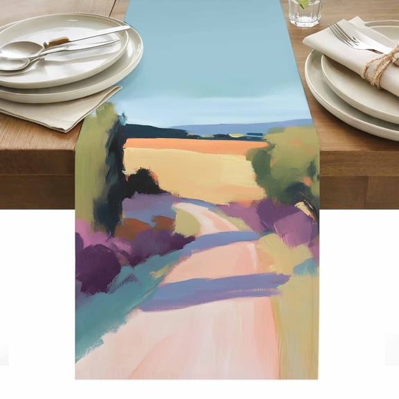 Country Road Table Runner Farmhouse Natural Trees Mountain Painting Tablerunners 13 x 36 Inch, Table Decorations Tabletop Scarf for Summer Gathering Holiday Farmhouse Kitchen Dining Decor