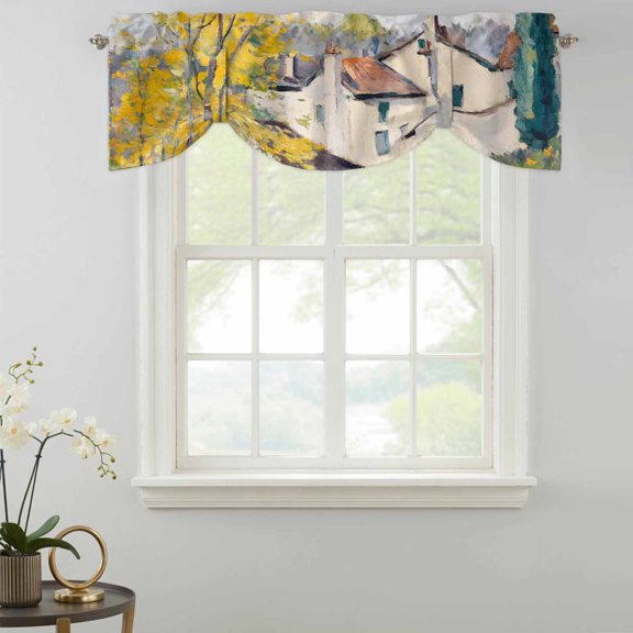 Country Road Tie Up Valances Curtain, Cypress Trees Rustic Pastoral Rural Kitchen Valances for Windows Decor, Rod Pocket Short Curtains Set for Bedroom/Bathroom, 42"x12"