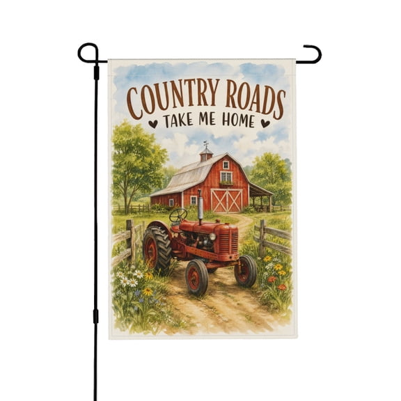 Country Road Tractor Barn Garden Flag For Farmhouse Patio Walkway Entryway Decor 12x18 in