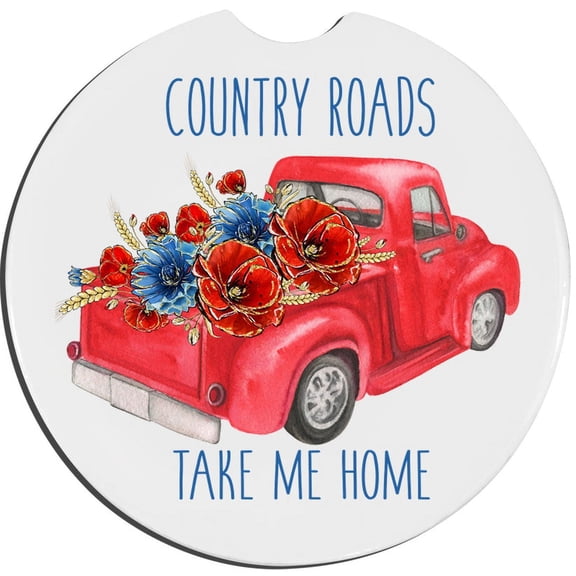 Country Roads Car Coaster, Absorbent Stoneware Car Cup Holder Coaster, Set of 2