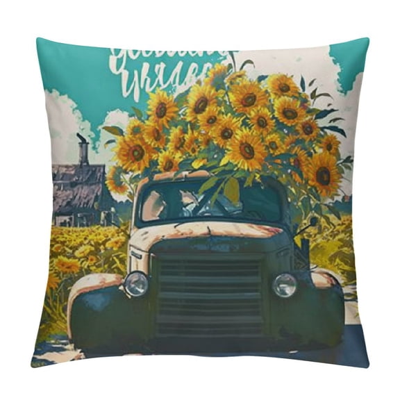 Country Roads Take Me Home Decorative Throw Pillow Cover, Fall Autumn Sunflower Truck Quote Farmhouse Cushion Case, Spring Summer Flower Home Decorations Pillowcase Decor for Sofa