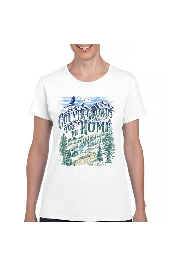 Country Roads Take Me Home T-Shirt Rustic Mountains Road Trip Music Women's Tee