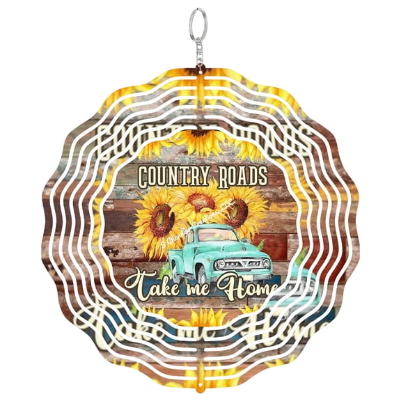 Country Roads Take Me Home Truck 3D Wind Spinner, Stainless Steel Decor, Rustic Sunflower Gift