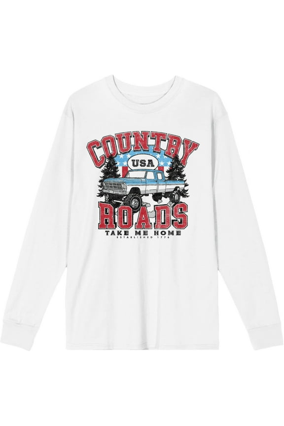 Country Roads Take Me Home White Adult Crew Neck Long Sleeve Tee-Large