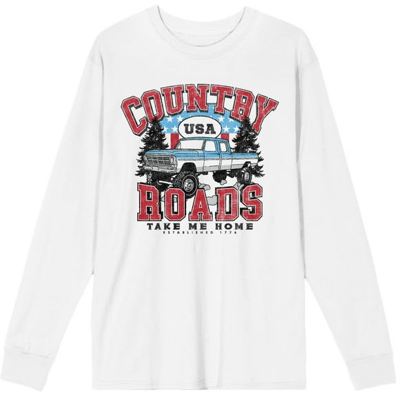 Country Roads Take Me Home White Adult Crew Neck Long Sleeve Tee-XL