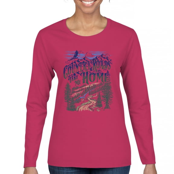 Country Roads Take Me Home Women's Long Sleeve T-shirt Rustic Mountains Road Trip Music