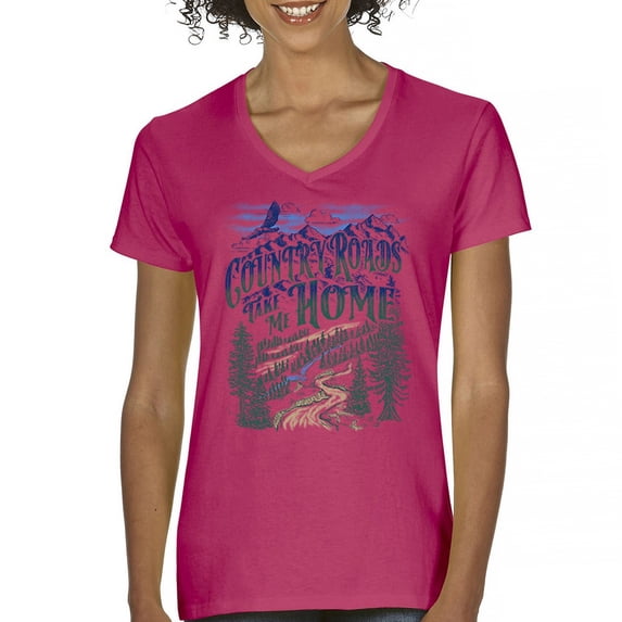 Country Roads Take Me Home Women's V-Neck T-shirt Rustic Mountains Road Trip Music
