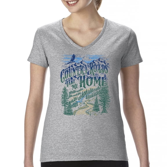 Country Roads Take Me Home Women's V-Neck T-shirt Rustic Mountains Road Trip Music