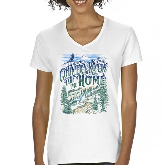 Country Roads Take Me Home Women's V-Neck T-shirt Rustic Mountains Road Trip Music
