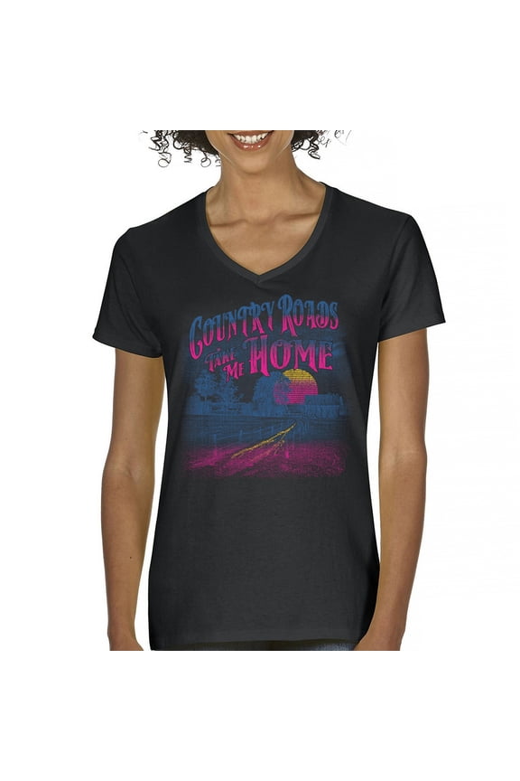 Country Roads Take Me Home Women's V-Neck T-shirt Vintage American Farm Mountain Sunset Retro Country Music Fan Vibes Tee