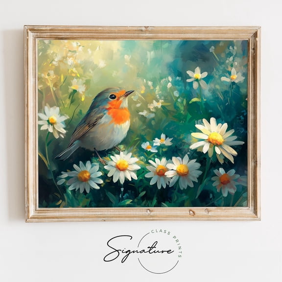Country Robin Among Blooming Daisies Vintage Spring Poster Cottage Floral Earthy Nature Decor Warm Tones Wall Art UNFRAMED Poster, Wall Art for Decor, Present, 16x24